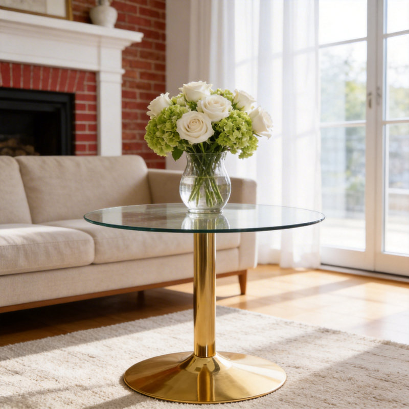 Table de salle à manger moderne à plateau rond en verre avec base en piédestal doré pour 2 à 4 personnes, Or