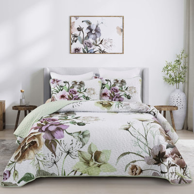 3-Pieces Boho Floral Quilt Set Soft Microfiber Lightweight Quilted Bedding Sets with 2 Pillow Shams for All Season