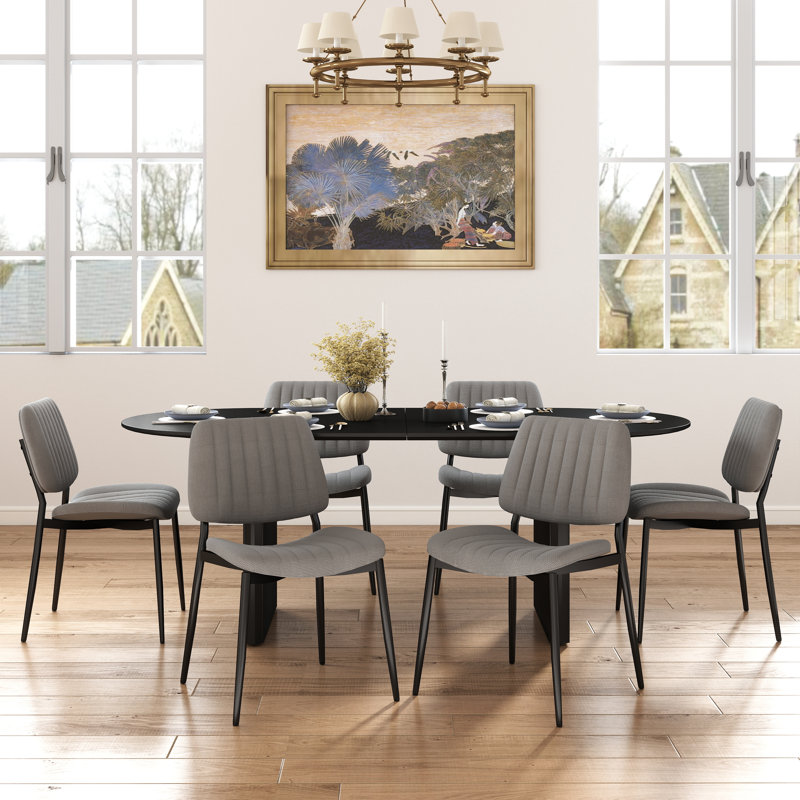 Ensemble de salle à manger ovale, table de salle à manger 70 po et chaises rembourrées en lin, Noir, 7 pièces, Gris