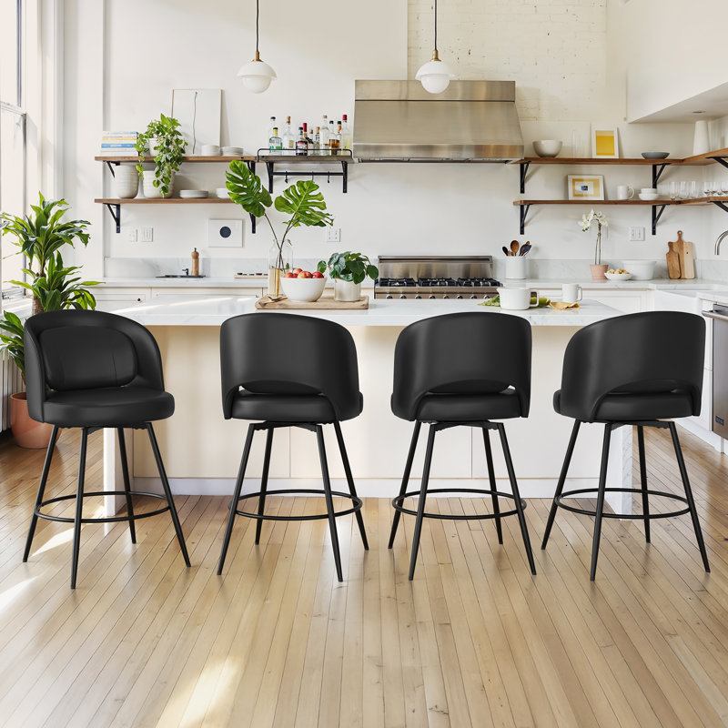 Tabouret de comptoir pivotant H 26 po avec structure en métal, Gris / Lin, 4