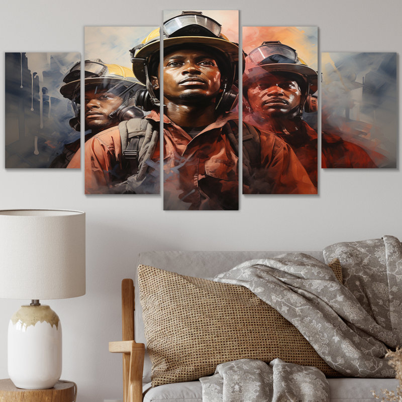 «Fireman Heroes In Action I», art mural pompier, 5 panneaux
