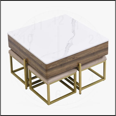 Table basse à plateau relevable moderne avec rangement et 4 repose-pieds, finition blanche et noyer, peu encombrante et design multifonctionnel