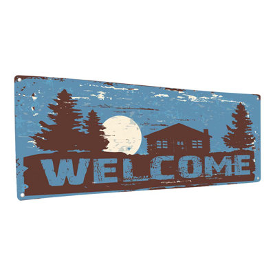 «Blue Welcome Cabin Metal Sign» sur métal