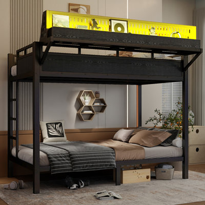 Lit superposé double en métal très résistant avec tablettes de rangement, panneau perforé, ports de chargement USB et lumières DEL, noir