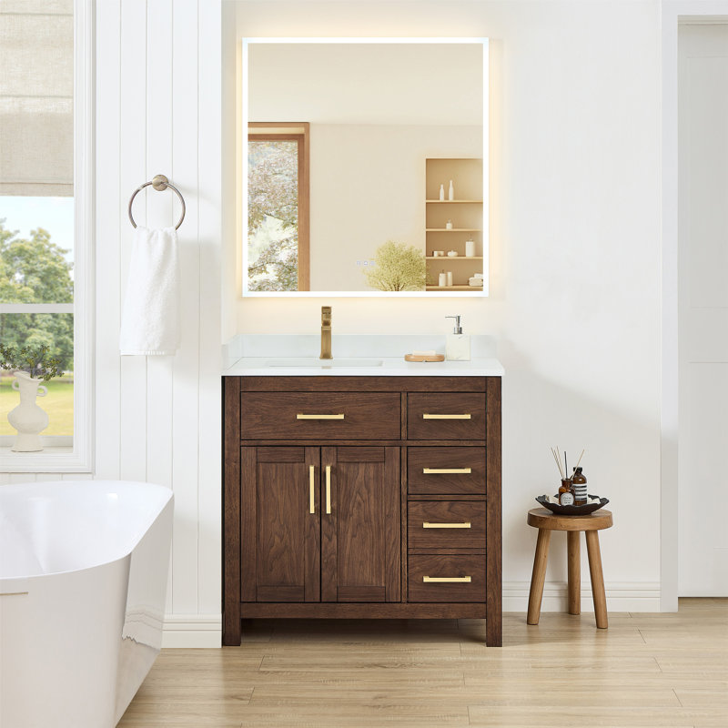 Beckett 36" Freestanding Single Bathroom Vanity with Quartz Top, Brushed Nickel, White Quartz, Whitewashed Oak