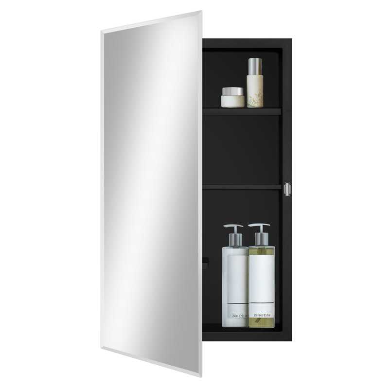 Ebou Designs Chouhan blanc, miroir biseauté et tablettes réglables pour la salle de bain, encastré ou en surface., Noir