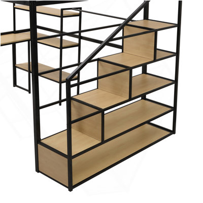 Lit mezzanine double en métal avec escalier, bureau intégré et tablettes, noir