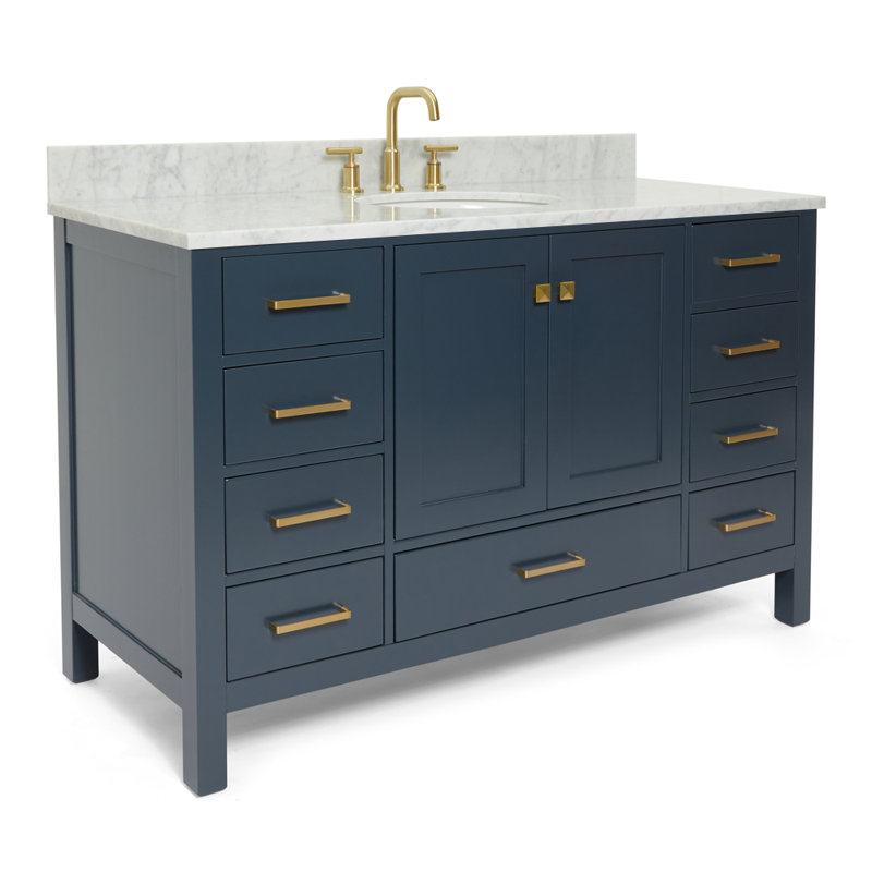 Flynt 55'' Single Bathroom Vanity with Carrara Marble Top, Midnight Blue