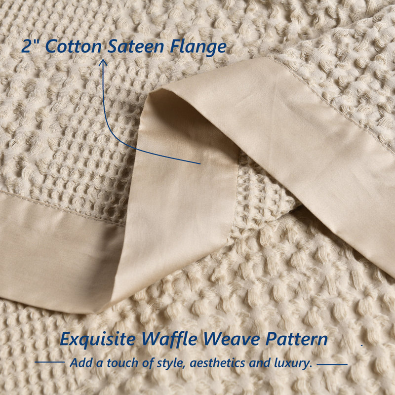 Twin Taupe and White Cotton Waffle Blanket with Sateen Binding