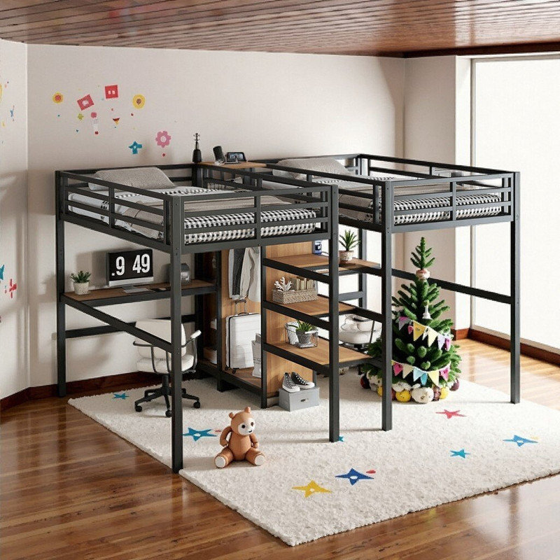 Lit mezzanine simple au-dessus d'un lit simple en métal avec bureau double, armoire, tablettes et prises de courant