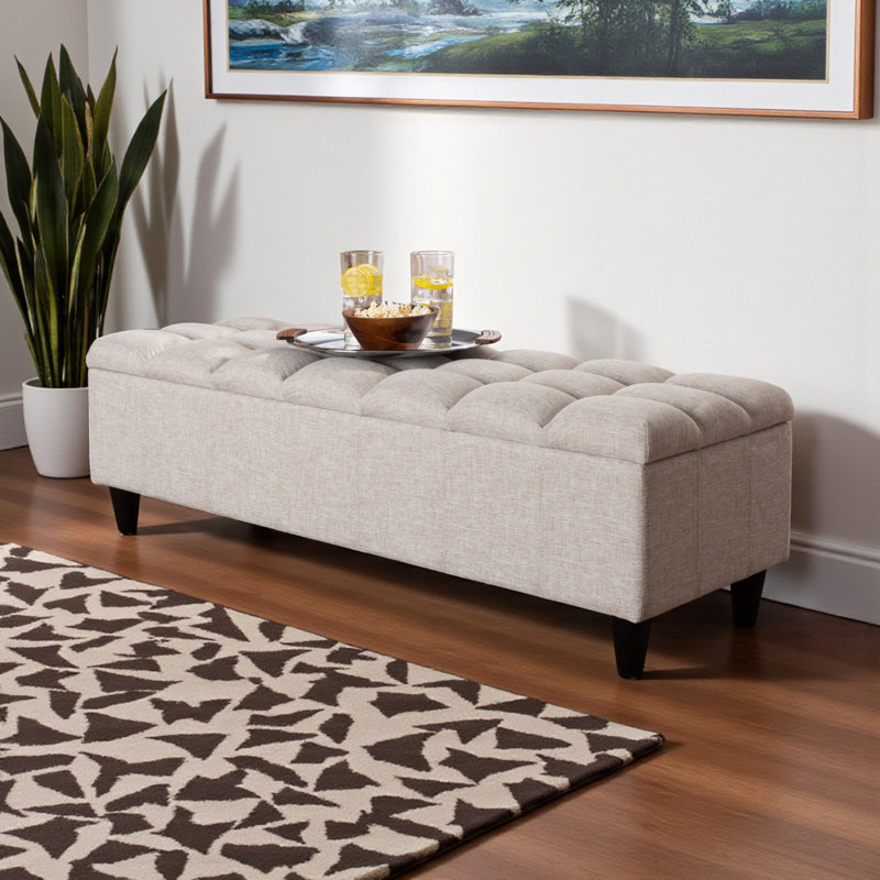 Banc de rangement avec repose-pieds en tissu beige capitonné Seline, H 15,16 po x l 47,87 po x P 15,82 po Seline