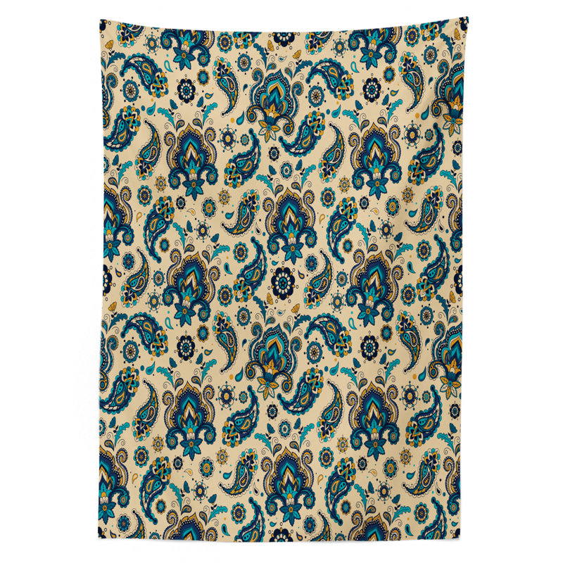 Paisley Tablecloth, Colorful Vintage Floral Design Pattern With Oriental Paisley Retro Design, Rectangular Table Cover For Dining Room Kitchen Decor, 52" X 70", Yellow Blue Cream