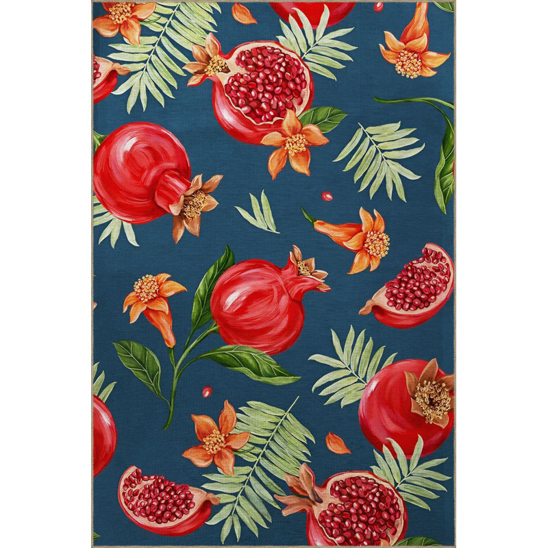 Tapis lavable décoratif créatif moderne bleu à motif de grenades et de fleurs bleues, Rectangle 5 pi 1 po x 7 pi 7 po