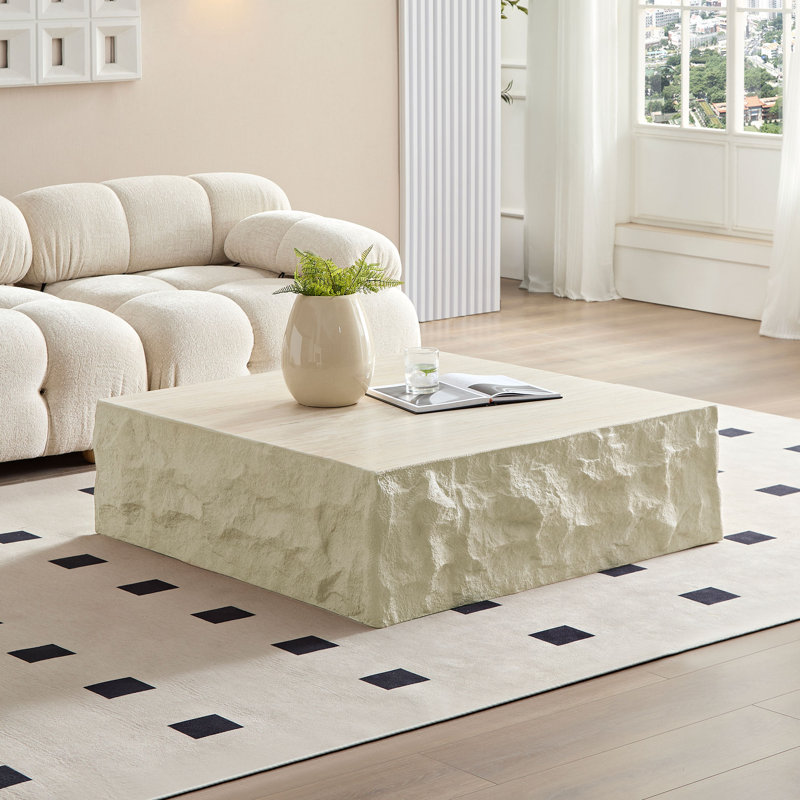  Table basse carrée, imitation pierre moderne à profil bas en bois, beige