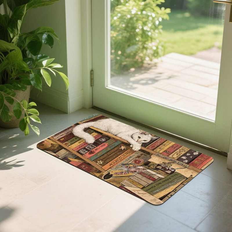 White Cat on Bookshelf Doormat, 24L x 36W, for Entrance Porch
