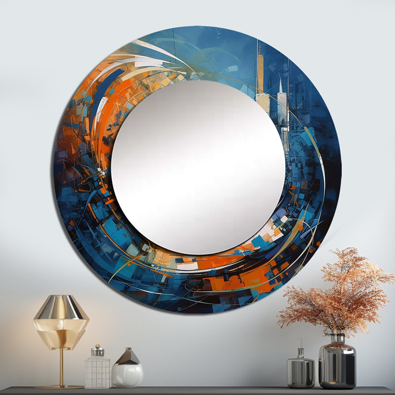 «Quintasia Orange and Blue Geometric Equilibrium IV», grand miroir mural moderne, art unique imprimé, 36 po x 36 po, Rond
