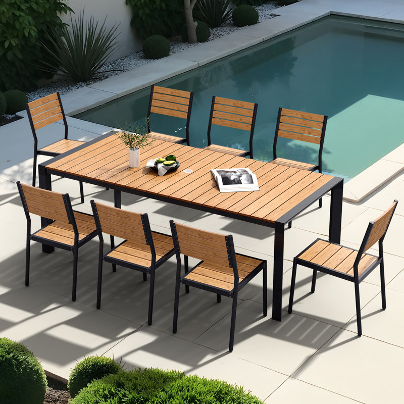 8 - Person 84’’ L Rectangular Aluminum Dining Set with Stacking Chairs, Brown