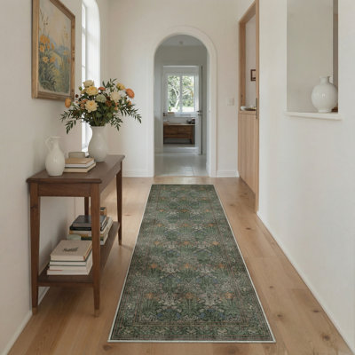 Blossora Modern Floral Machine Washable Green Indoor Area Rug with Non-Slip Backing