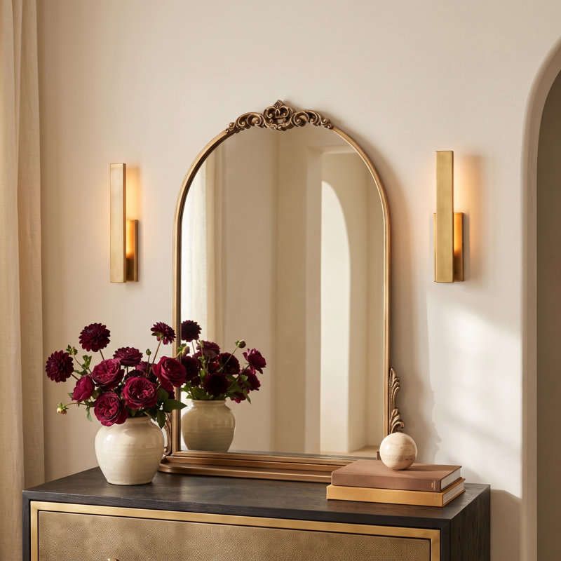 Canoby Metal Arch Mirror with Shelves, Gold