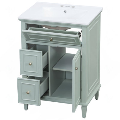 24" Bathroom Vanity with Sink, Bathroom Vanity Cabinet with One Flip Drawer and Two Drawers, Adjustable Shelf, Solid Wood and MDF, Green
