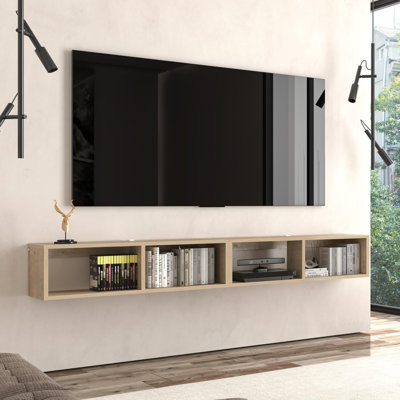  Meuble audio-vidéo mural et flottant rectangulaire à finition beige l 75 po avec tablettes en bois