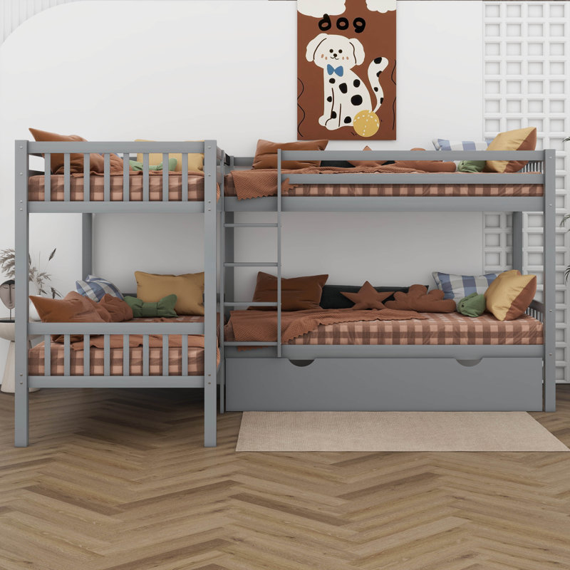 Lit simple superposé en bois pour 4 personnes, cadre de lit superposé avec tiroirs de rangement, lit superposé en L, aucun sommier requis