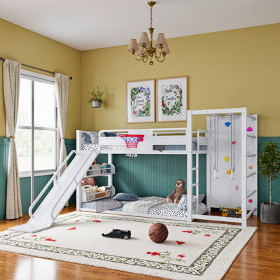 UnaNidus Metal Twin Loft Bed With Basketball Hoop, Climbing Wall & Bookshelves