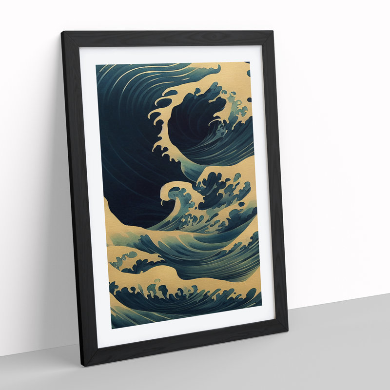 Traditional Japanese Wave No.5 - Single Picture Frame Painting, 64cm H x 46cm W x 2cm D, Black Framed
