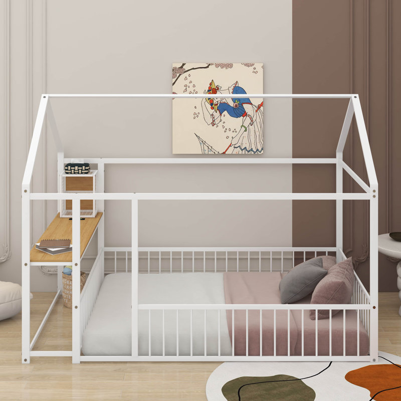 Structure de lit en métal avec bureau, Lit double, Blanc