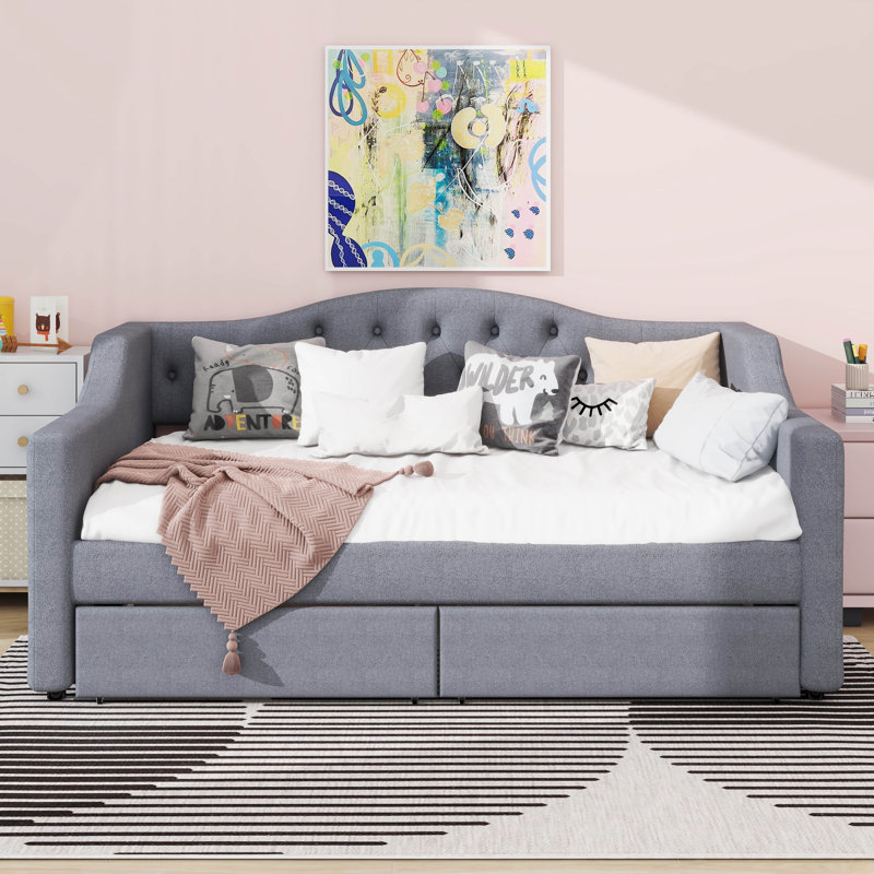 Daybed With two storage drawers And LED, Upholstered Linen Day Bed Frame With Tufted Button Backrest, Gray, Twin XL