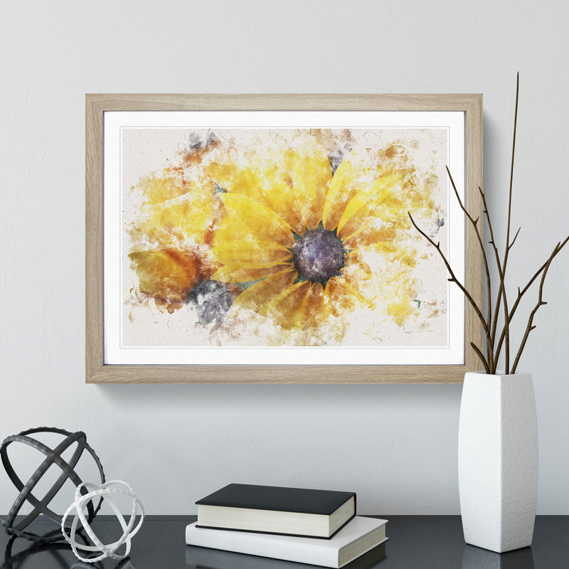 Yellow Coneflowers Watercolour - Framed Print, Oak, 62cm H x 87cm W x 2cm D