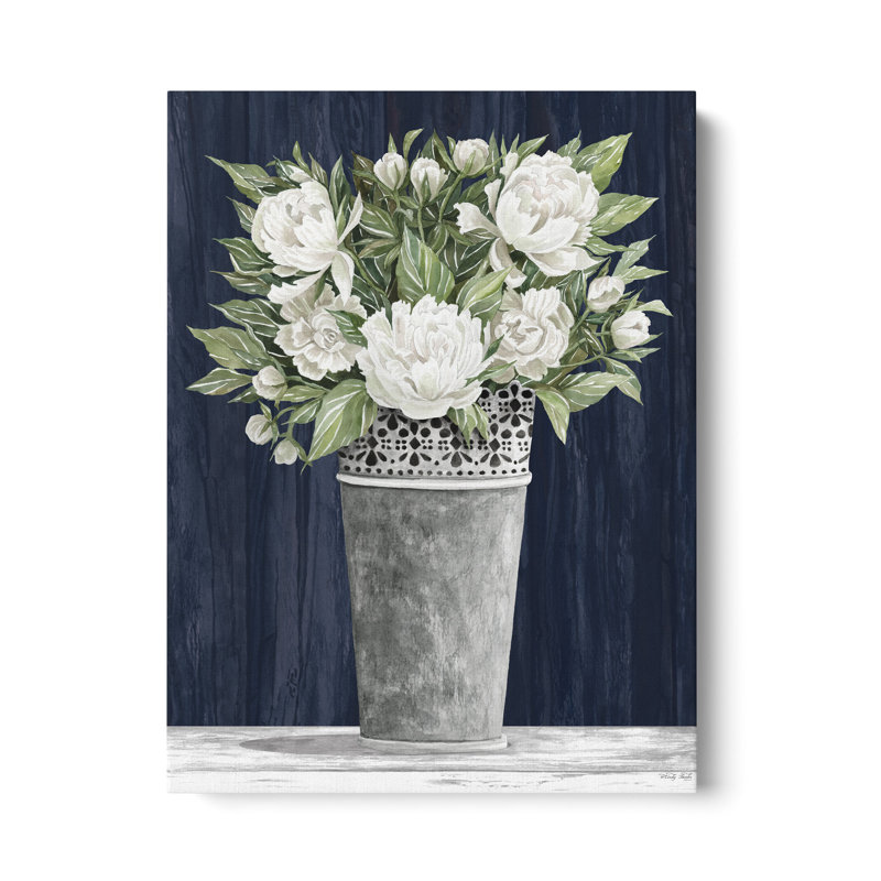 «Punched Tin White Floral» par Cindy Jacobs, reproduction d'art sur toile blanche et bleue, Toile tendue