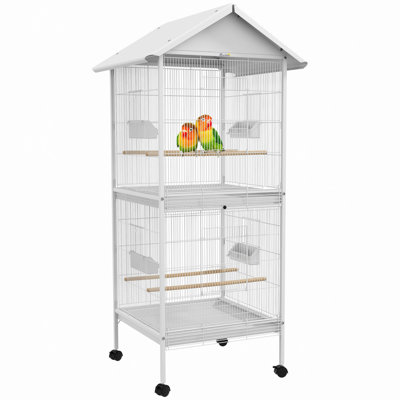 Wrought Metal Bird Cage Feeder With Rolling Stand Perches Food Containers Doors Wheels 67" H, White