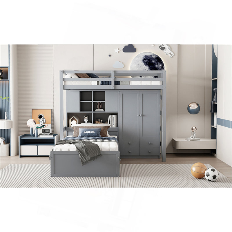 Lit superposé simple avec tiroirs, garde-robe, tablettes de rangement et lit hydraulique, Gris