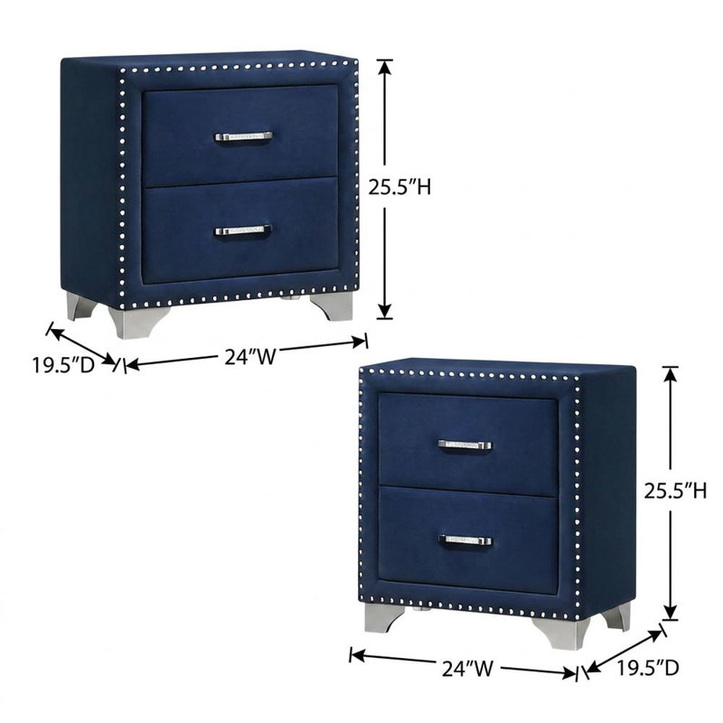 Table de chevet rembourrée en polyester avec 2 tiroirs, quincaillerie en cristal, pieds chromés, table de chevet pour ensemble de chambre à coucher, bleu pacifique