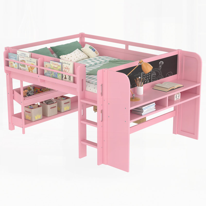 Lit mezzanine moderne avec bibliothèques multiples, Double, Rose