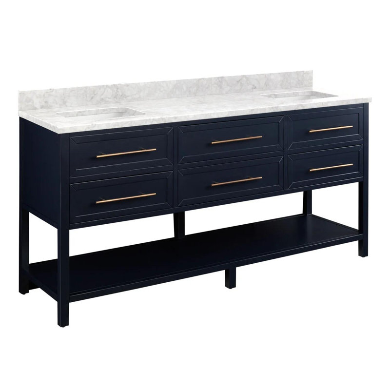 72" Robertson Double Bathroom Vanity Set with Rectangular Undermount Sinks, Midnight Navy Blue, No Drillings, Carrara Marble