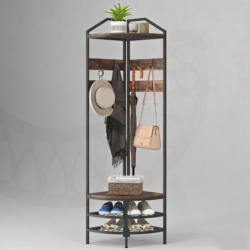 Industrial Corner Hall Tree With 8 Movable Hooks, Shoe Storage, And 2 Shelves For Space-Saving Entryway Organization.