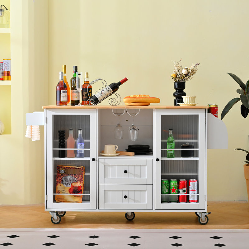 Rolling Kitchen Cart With Drop - Leaf Work Area Surface, 2 Drawers, Door Storage Compartment, Towel Rack, Spice Shelf, White, Rubberwood, 34.89 In Tall, 145Lbs Load Area, Cabinet, Hanger, , 29.12 Wide