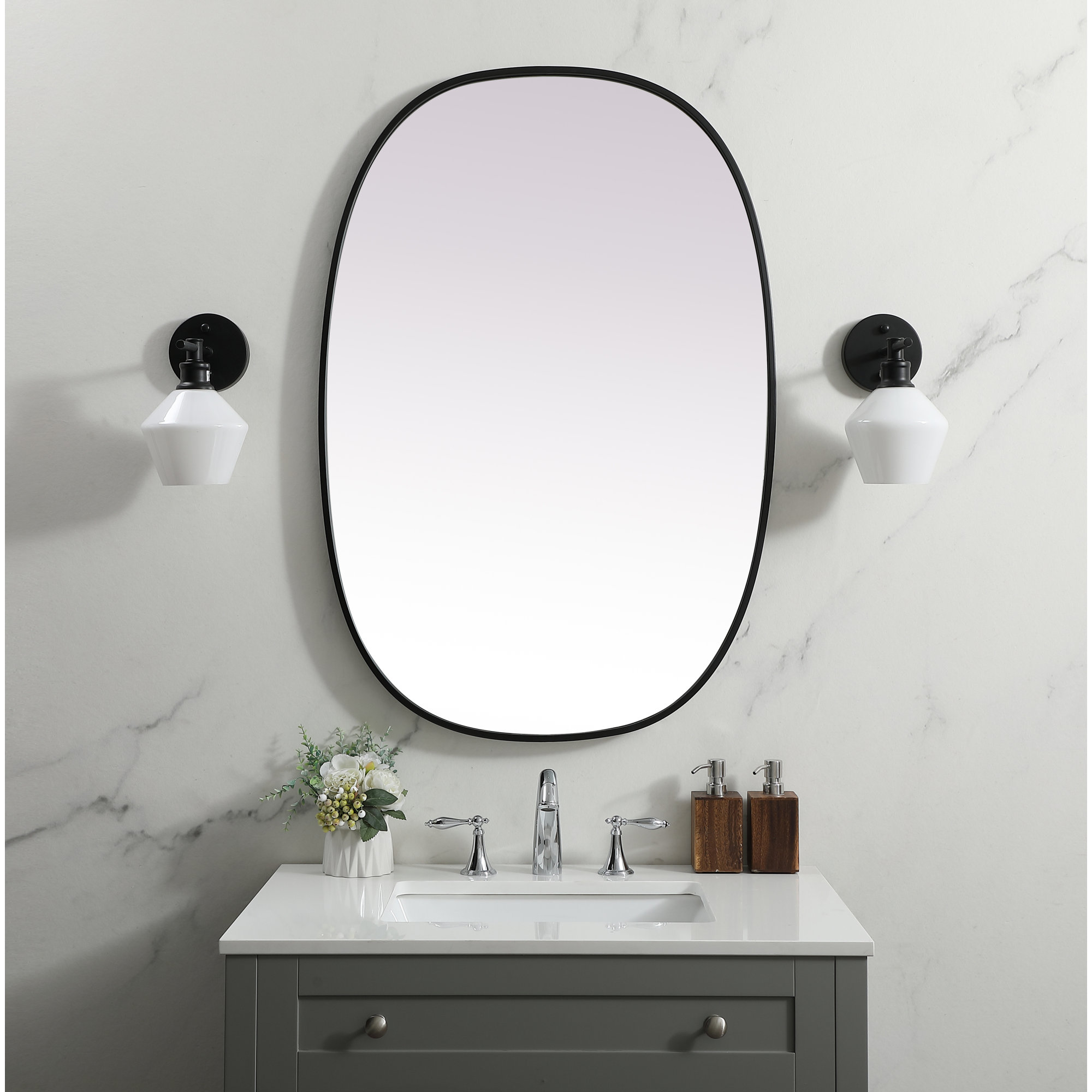 Sabine Metal Curved Oval Wall Mirror, 40" x 27", Black