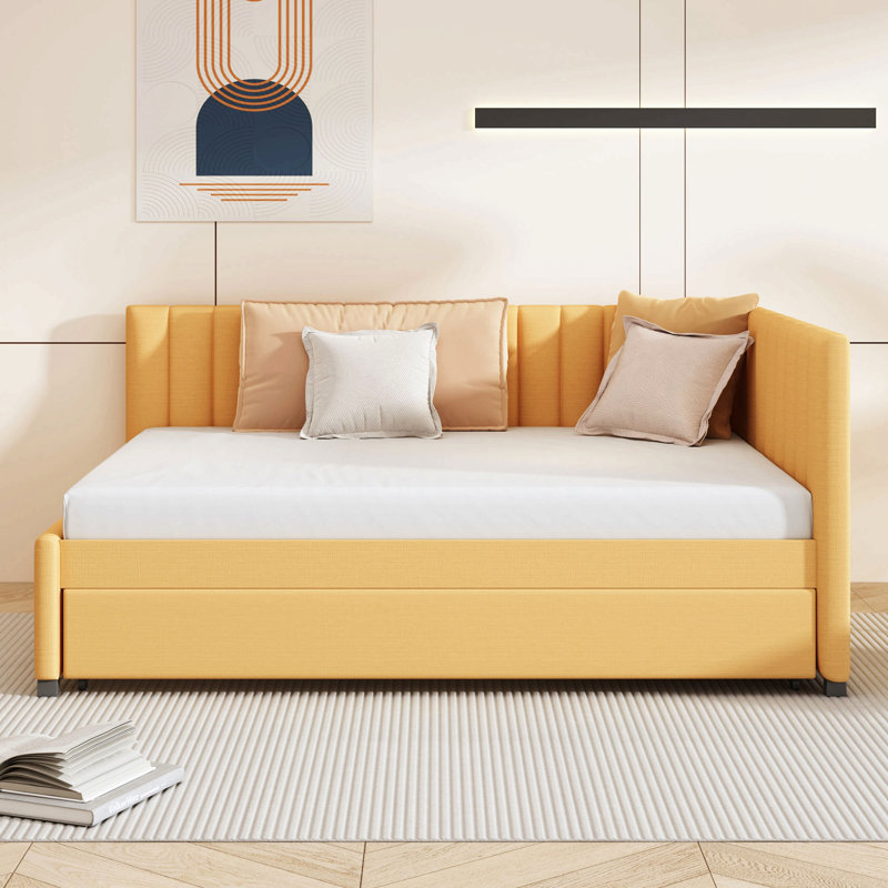 Full Size Upholstered Daybed With Trundle Sofa Bed Frame No Box Spring Needed, Linen Fabric, Yellow