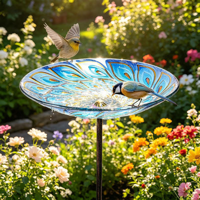 Bain d'oiseaux en verre, bains d'oiseaux de jardin extérieurs avec piquet en métal | Le paon vitrail baigne les mangeoires pour l'extérieur, attire les oiseaux sauvages et forme un habitat faunique dans votre cour