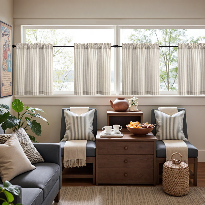 Linen Rod Pocket  Light Filtering Striped Kitchen Cafe Curtains Curtains, 26" W x 24" L, Gray/Beige