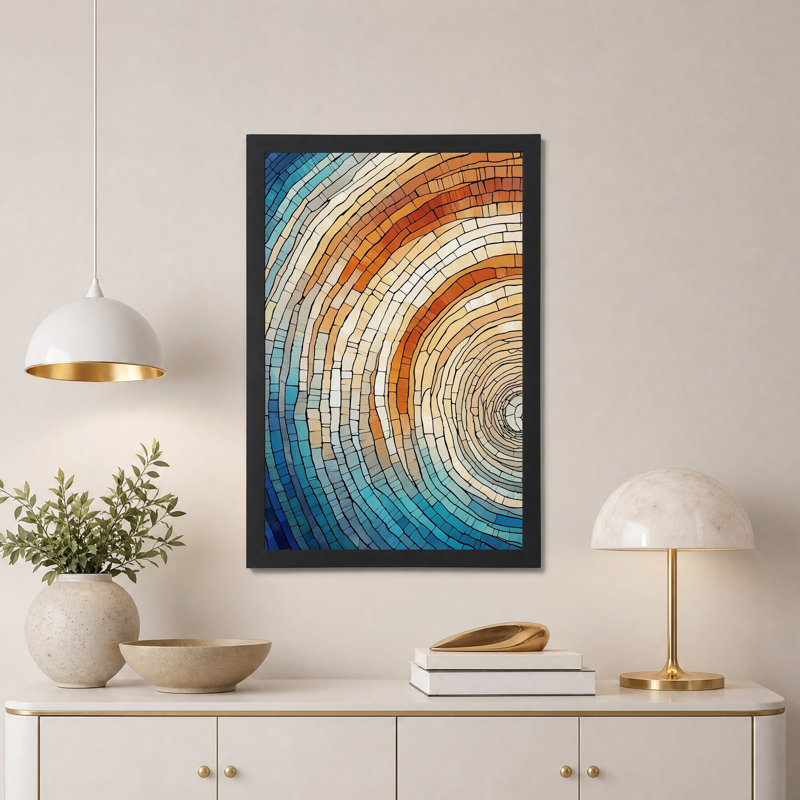 Tableau abstrait en mosaïque en spirale bleue et orange sur toile, H 30 po x l 20 po