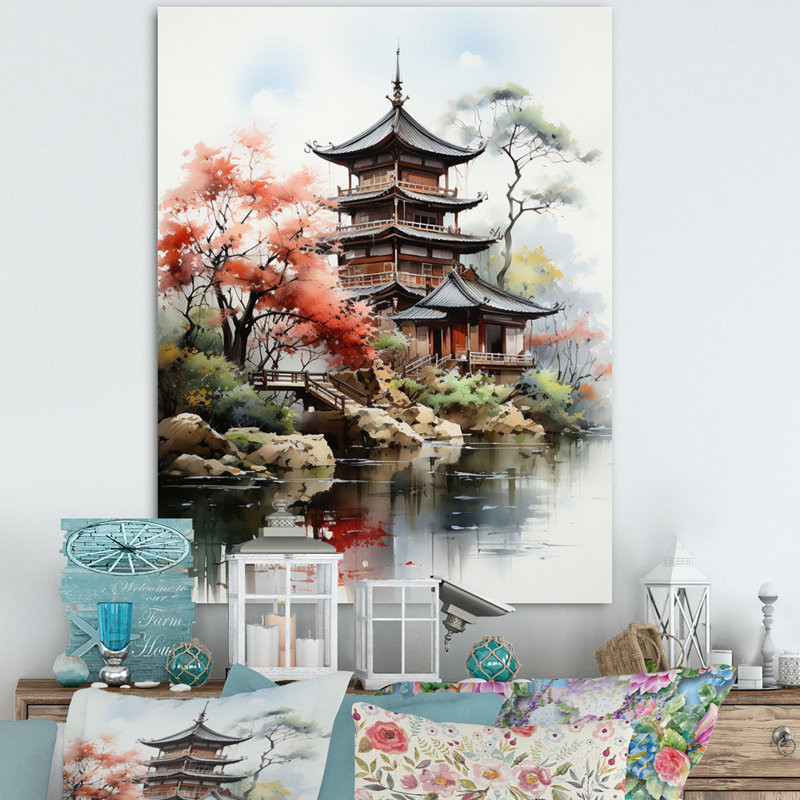 «Tahshawn Asian Art Serene Pagoda IV», reproduction d'art sur toile encadrée, 32" H x 24" W, Gold Picture Framed