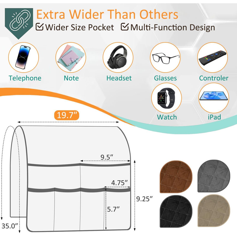 Organisateur d'accoudoirs gris antidérapant pour fauteuil, support de télécommande inclinable avec 6 poches, range-revues, tablettes, téléphones et iPad, table de chevet