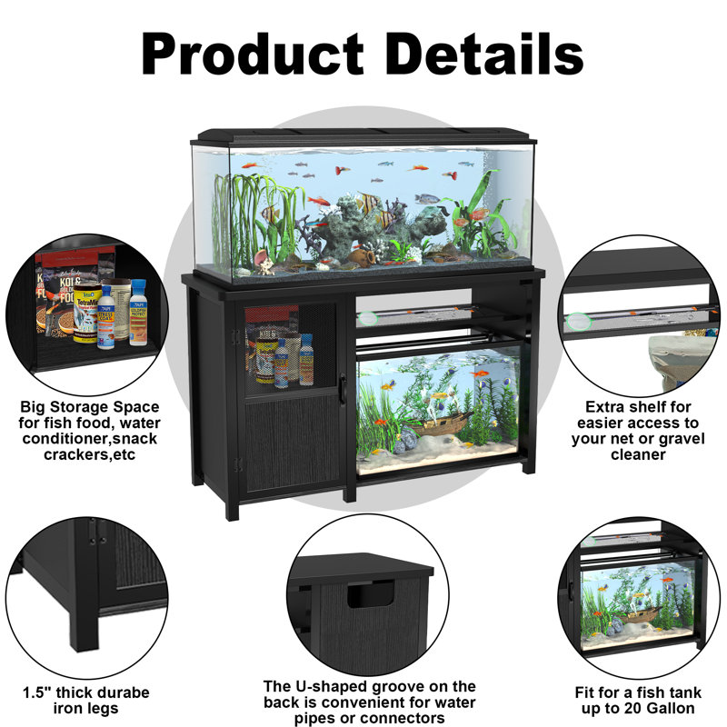 Heavy Duty Black Metal Aquarium Stand with Storage Cabinet for 55-75 Gallon Tanks
