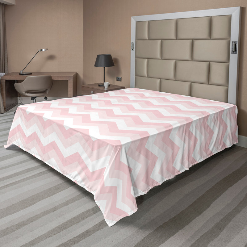 Ambesonne Nature Top Flat Sheet Glisten Fish Sunlight King Blue Purple White, Rose et rose pâle / motif de chevron blanc