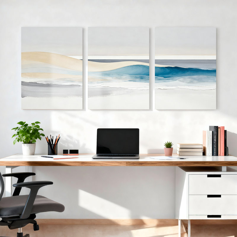 Ensemble de 3 tableaux abstraits sur toile représentant des vagues océaniques, H 36 po x l 72 po