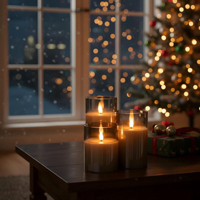 Glass Flameless Pillar Candles Flickering with Remote Timer, Battery Operated LED 3D Moving Flame Real Wax Candles,Remote Included (Gray)